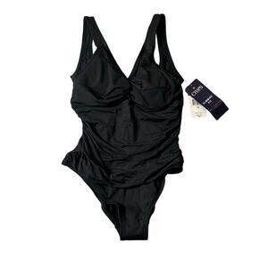 Chaps Swimsuit Womens 10 Black‎ One Piece Slimming Fit Waist Minimize NEW